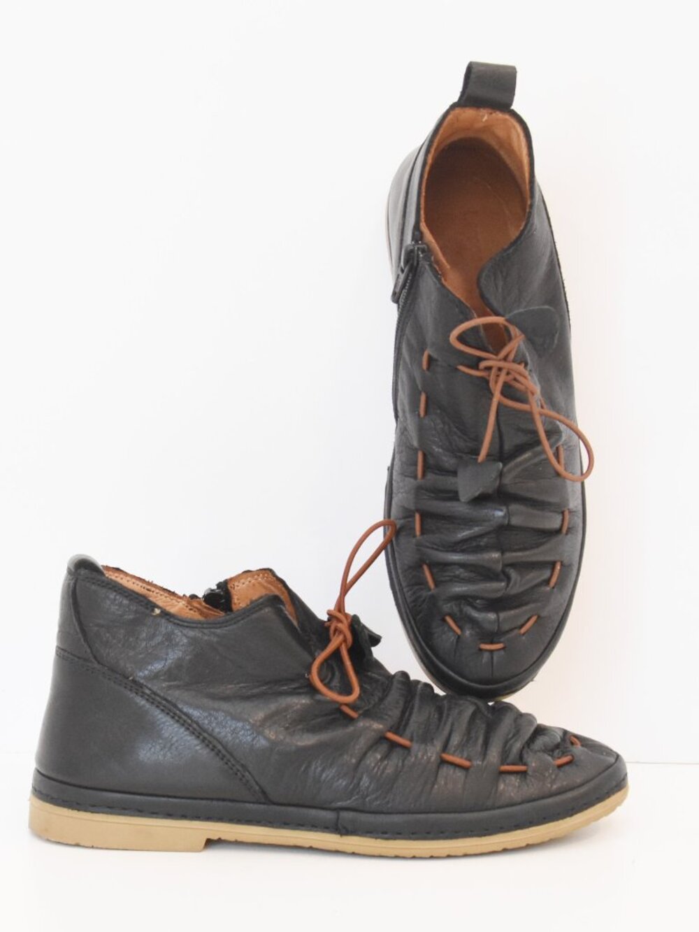 Lemon N Lime Casablanca Black Leather Flat Ankle Boots Ruched Lace Up Sz 37 US7